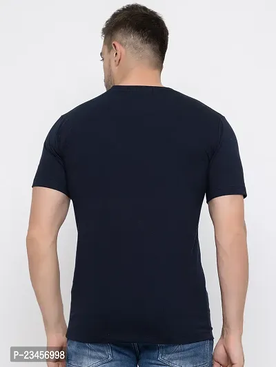 Trendy Navy Blue Cotton Printed Round Neck Tees For Men-thumb2