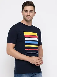 Trendy Navy Blue Cotton Printed Round Neck Tees For Men-thumb1