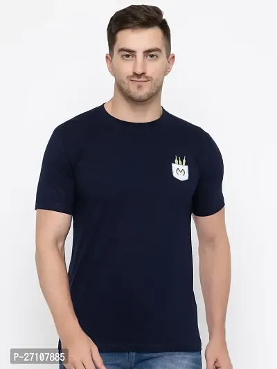 Stylish Navy Blue Cotton Solid Round Neck T-Shirt For Men-thumb0