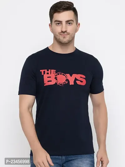 Trendy Navy Blue Cotton Printed Round Neck Tees For Men-thumb0