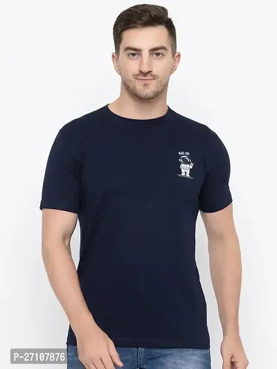 Stylish Navy Blue Cotton Solid Round Neck T-Shirt For Men