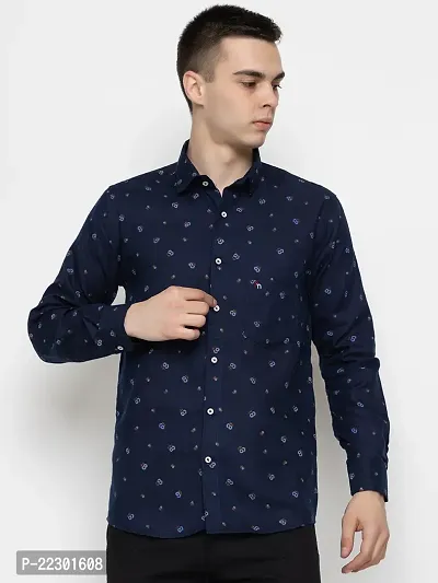 Stylish Navy Blue Cotton Printed Casual Shirt For Men-thumb0