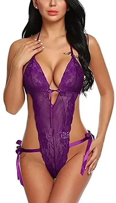 Ceniz Women Ribbon Lace Babydoll Teddies Bodysuit Lingerie . (Free Size, Purple)