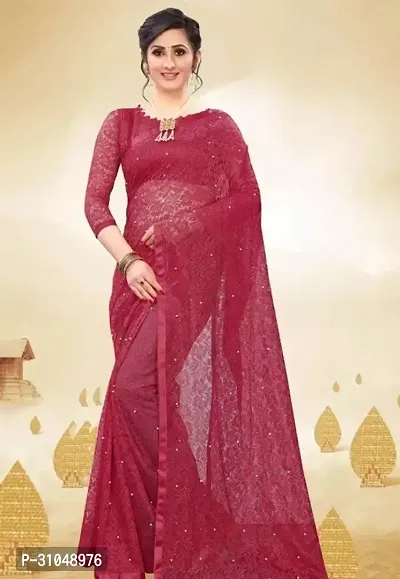 Stylish Maroon Net Saree with Blouse piece For Women-thumb0