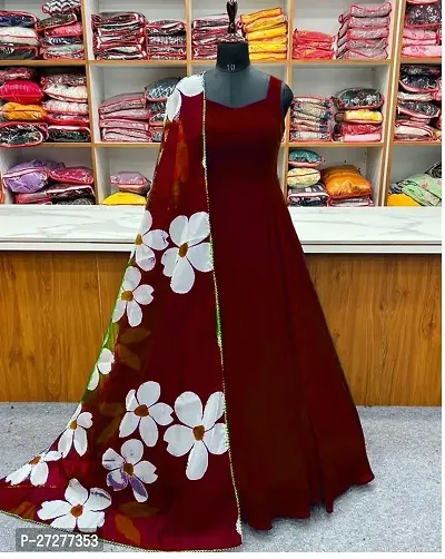 Exclusive Faux Georgette Printed Ethnic Gown With Pearl Dupatta-thumb0