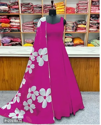 Exclusive Faux Georgette Printed Ethnic Gown With Pearl Dupatta