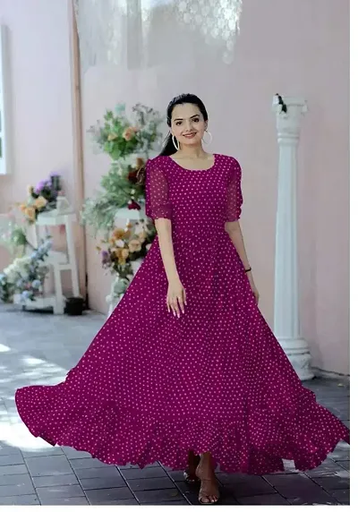 Elegant Georgette Polka Dot Print Ethnic Gown