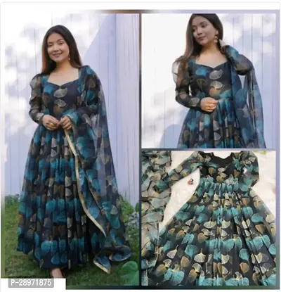 Women Stylish Georgette Printed Ethnic Gown with Dupatta