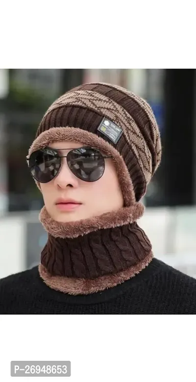 Classy Woolen Solid Beanie Cap with Neck Warmer for Unisex