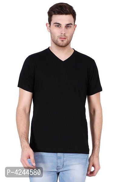 Men's Black Cotton Solid V Neck Tees-thumb0