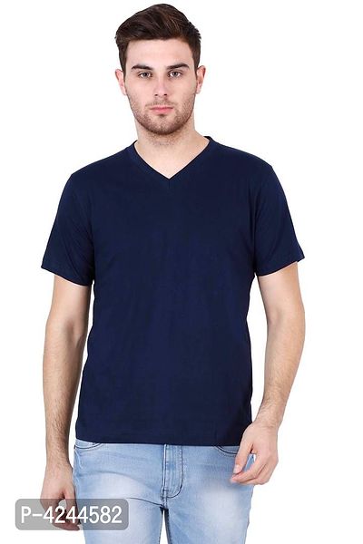 Men's Navy Blue Cotton Solid V Neck Tees-thumb0