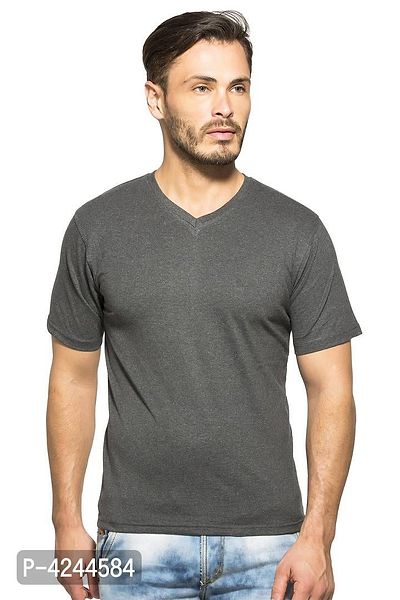 Men's Grey Cotton Solid V Neck Tees-thumb0