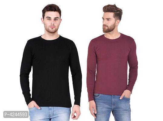 Men's Multicoloured Cotton Solid Round Neck Tees (Pack of 2)-thumb0