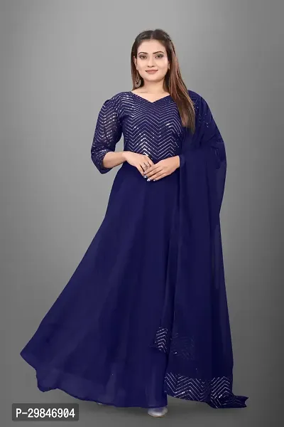 Designer Navy Blue Embroidered Georgette  Gown With Dupatta For Women