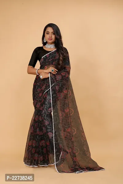 Stylish Organza Black Woven Design Saree with Blouse piece