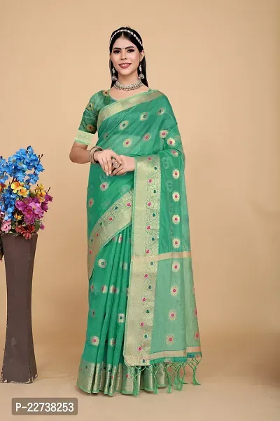 Stylish Organza Green Woven Design Saree with Blouse piece-thumb0