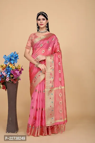 Stylish Organza Pink Woven Design Saree with Blouse piece