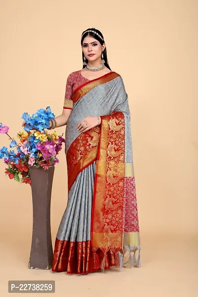 Stylish Art Silk Grey Woven Design Saree with Blouse piece