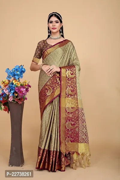 Stylish Art Silk Beige Woven Design Saree with Blouse piece-thumb0