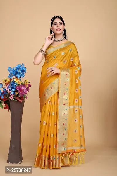 Stylish Organza Yellow Woven Design Saree with Blouse piece