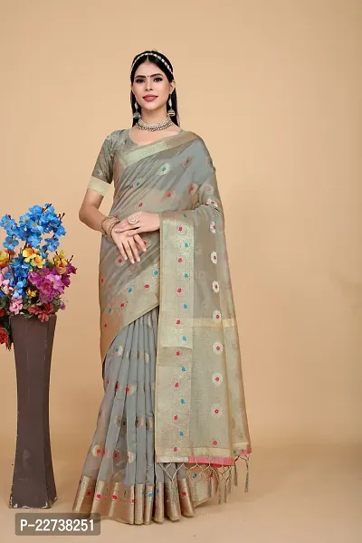 Stylish Organza Grey Woven Design Saree with Blouse piece