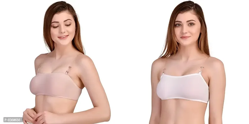 ASHA @ STORE Women's Cotton Spandex Non Padded Non-Wired Strapless Tube Bra Combo Pack of 2 (White  Skin, 34)-thumb0