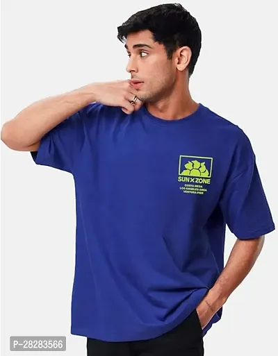 Stylish Blue Cotton Blend Printed Round Neck Tees For Men