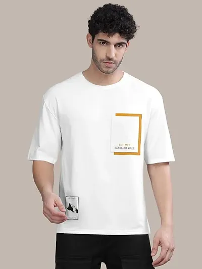 Stylish White Melange Front Printed Colourblock Baggy Oversized Tshirt for Men