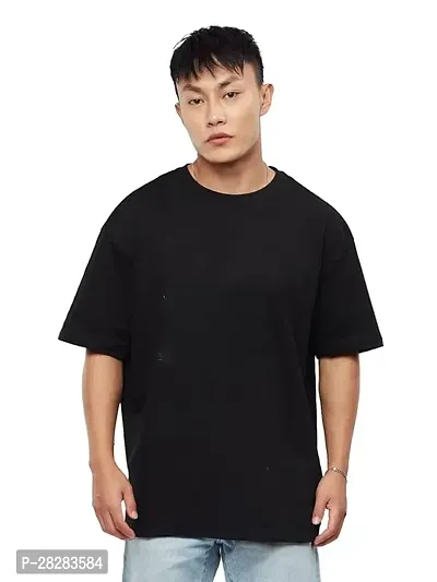 Stylish Black Cotton Blend Solid Round Neck Tees For Men-thumb0