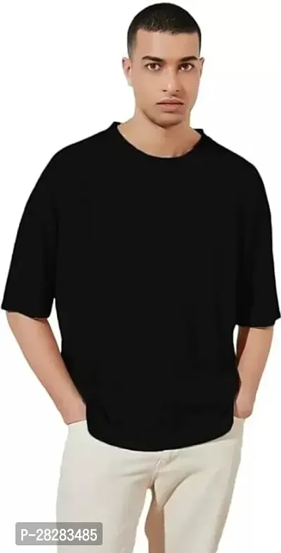 Stylish Black Cotton Blend Solid Round Neck Tees For Men-thumb0