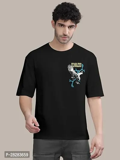 Stylish Black Cotton Blend Printed Round Neck Tees For Men-thumb0