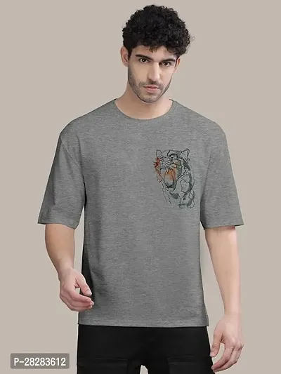 Stylish Grey Cotton Blend Printed Round Neck Tees For Men-thumb0