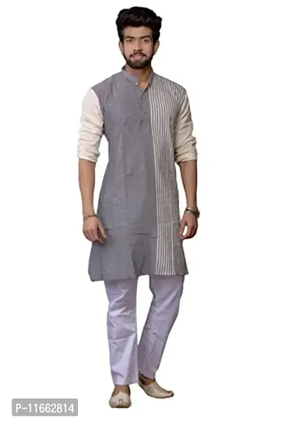 Mahi FAB Designer Cotton Men Kurta Handloom Cotton Ethnic Kurta for Men Grey_XL
