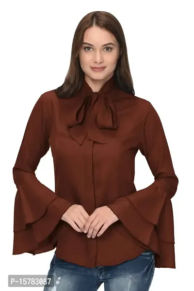 Thisbe Women's Tie Neck Bell Sleeves Solid Formal Top/Shirt-thumb0