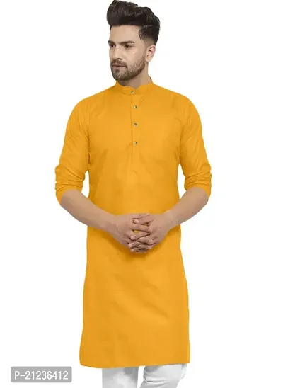 Reliable Yellow Cotton Solid Kurta For Men