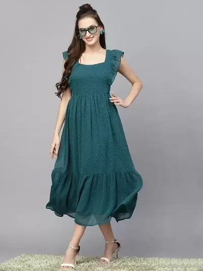 Stylish Georgette Solid Fit And Flare Dress For Women