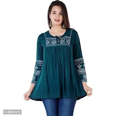 Rayon Women's Embroidered Top (Small, Pine Blue)