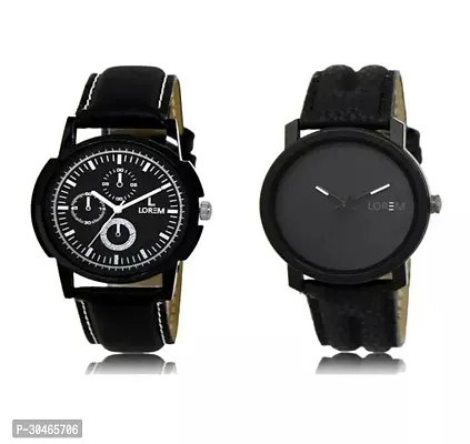 Stylish Black Genuine Leather Analog Watch For Men Pack Of 2