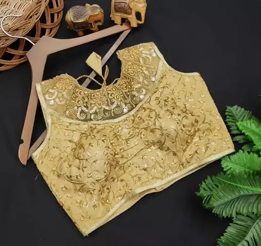Stylish Golden Net Embroidered Stitched Blouses For Women