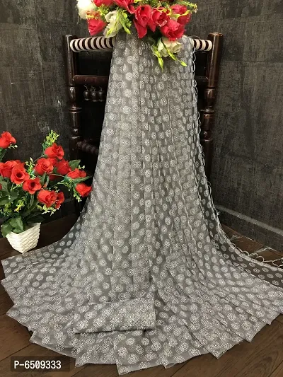 Stunning Grey Net Self Pattern Women Saree with Blouse piece-thumb0