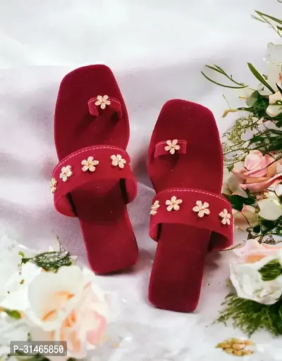 Elegant Red Velvet Embellished Fashion Flats For Women