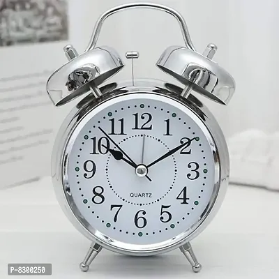 Brass Vintage Look Twin Bell Table Alarm Clock with Night LED Light Wall Clock (Silver)-thumb0