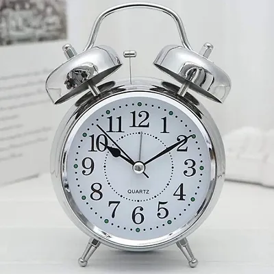 Brass Vintage Look Twin Bell Table Alarm Clock with Night LED Light Wall Clock (Silver)