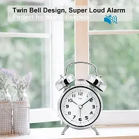 Brass Vintage Look Twin Bell Table Alarm Clock with Night LED Light Wall Clock (Silver)-thumb1