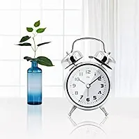 Brass Vintage Look Twin Bell Table Alarm Clock with Night LED Light Wall Clock (Silver)-thumb2