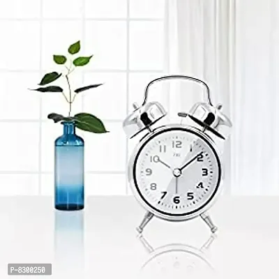 Brass Vintage Look Twin Bell Table Alarm Clock with Night LED Light Wall Clock (Silver)-thumb3