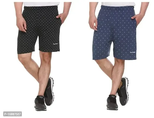 TREND AVENUE Men Cotton Printed Pack of 2 Regular Shorts (Combo - Dark Olive  Navy Milange)