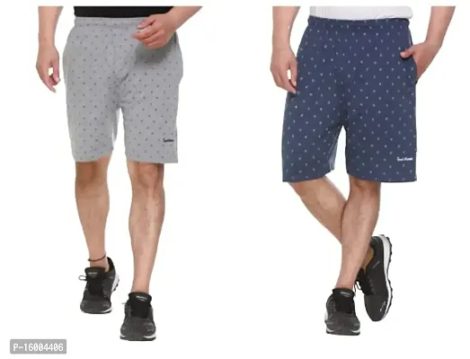 TREND AVENUE Men Cotton Printed Pack of 2 Regular Shorts for Men (Combo - Grey  Navy Milange)
