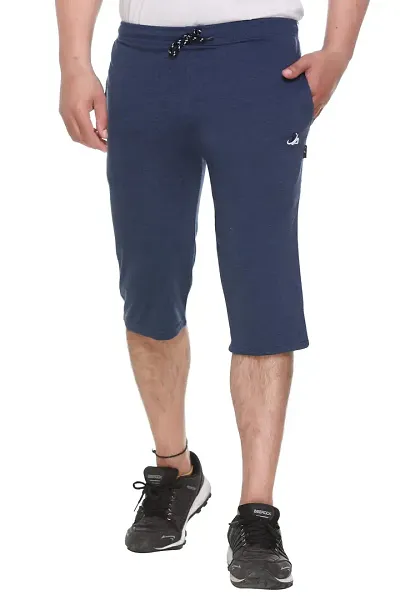 Trend Avenue Men Solid Cotton Navy Milange Knee Length Capri for Men, Three Fourth Pants for Men