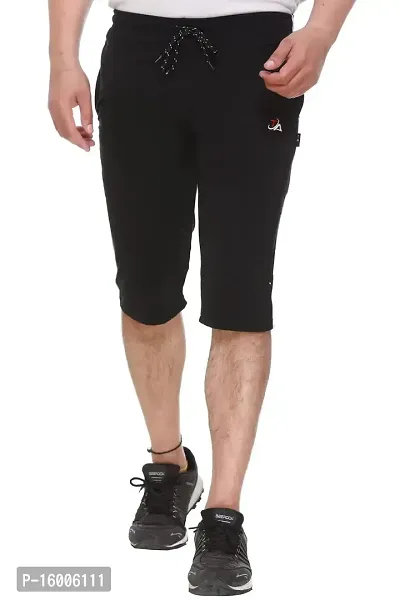 Trend Avenue Men Solid Cotton Black Knee Length Capri for Men, Three Fourth Pants for Men-thumb0